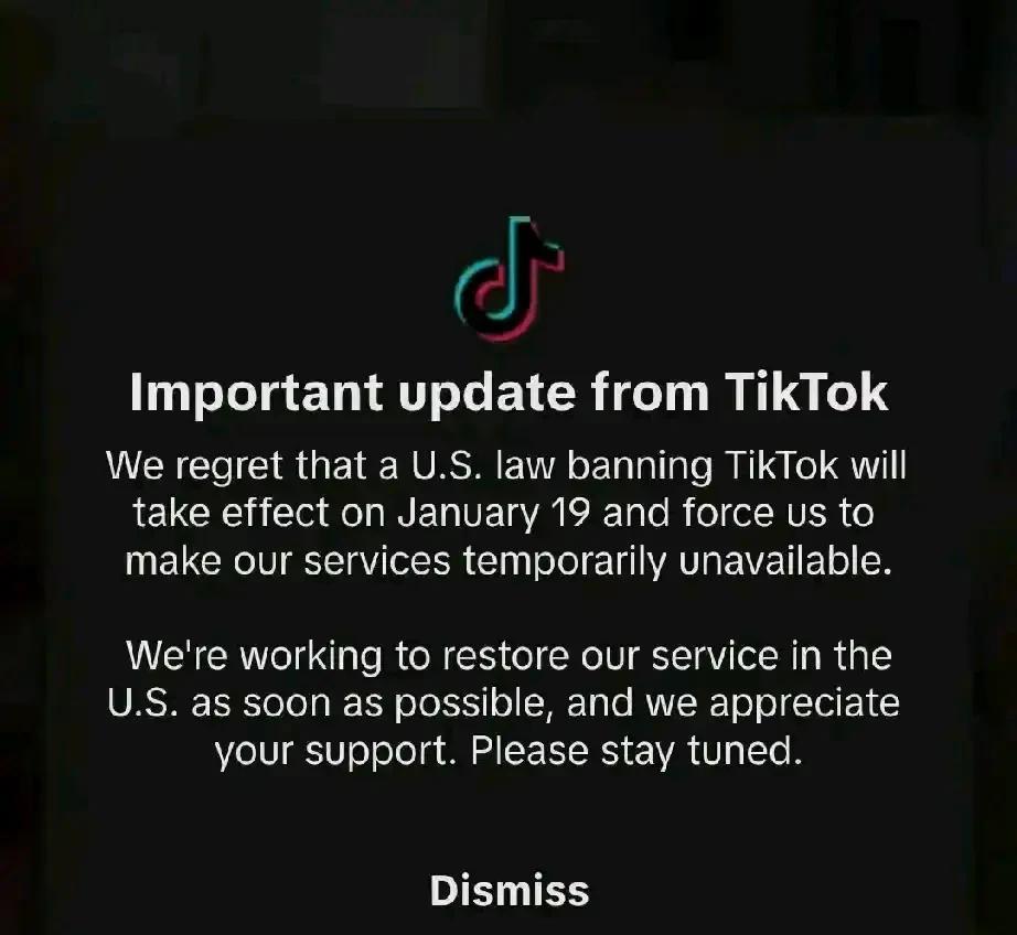 tiktok关闭了，留给美国1.7亿网友一块大黑屏，为张一鸣宁为玉碎的倔强点赞！
