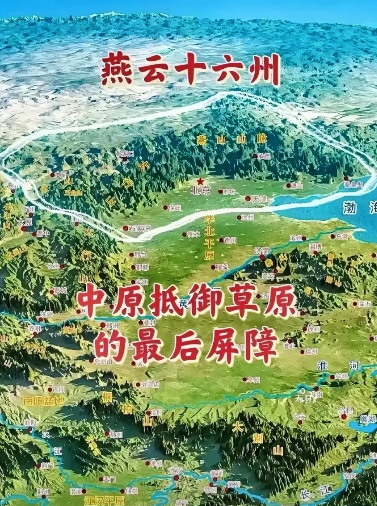 燕云十六州的地理位置有多重要，看看这个立体的地形图就知道了。它就是一道天然的地理