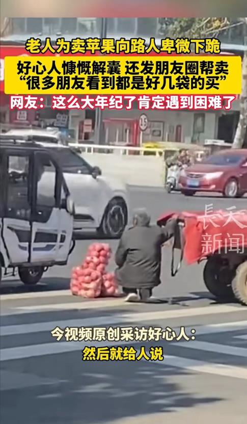 河南商丘，一白发苍苍的老人为了卖苹果，在路边逢人就下跪，说看看我的苹果吧，赔钱卖