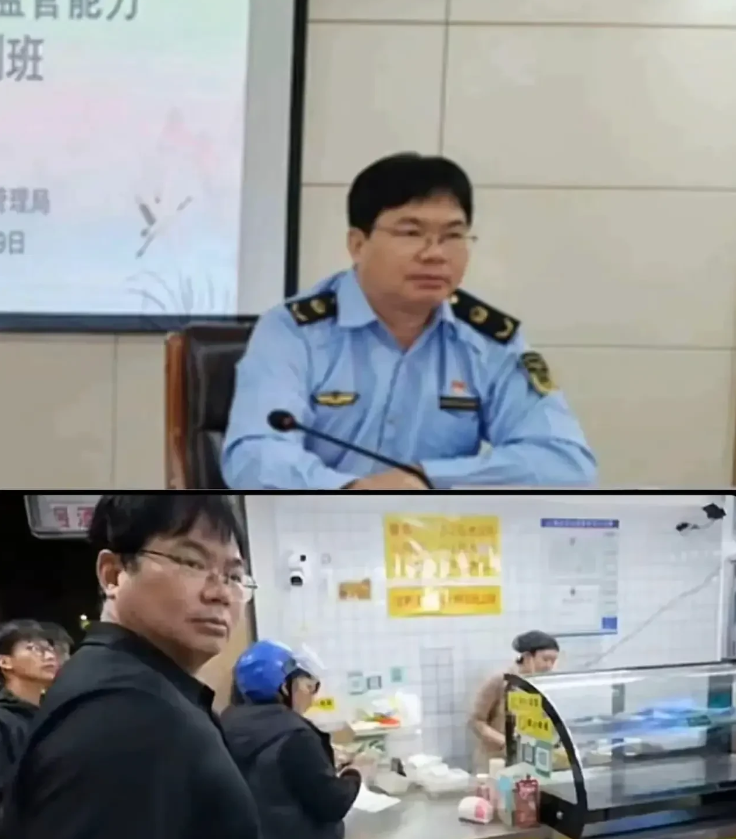 去“肥娟小吃”店的黑衣男子未出示证件，未穿制服就想去看看后厨。网友帮忙报警，这个