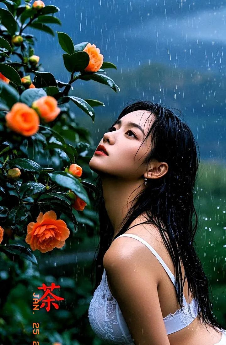《雨绽花颜》
雨丝飘洒润娇容，
乌发垂肩韵意浓。
橙蕊轻摇添秀色，
玉肌凝露映芳