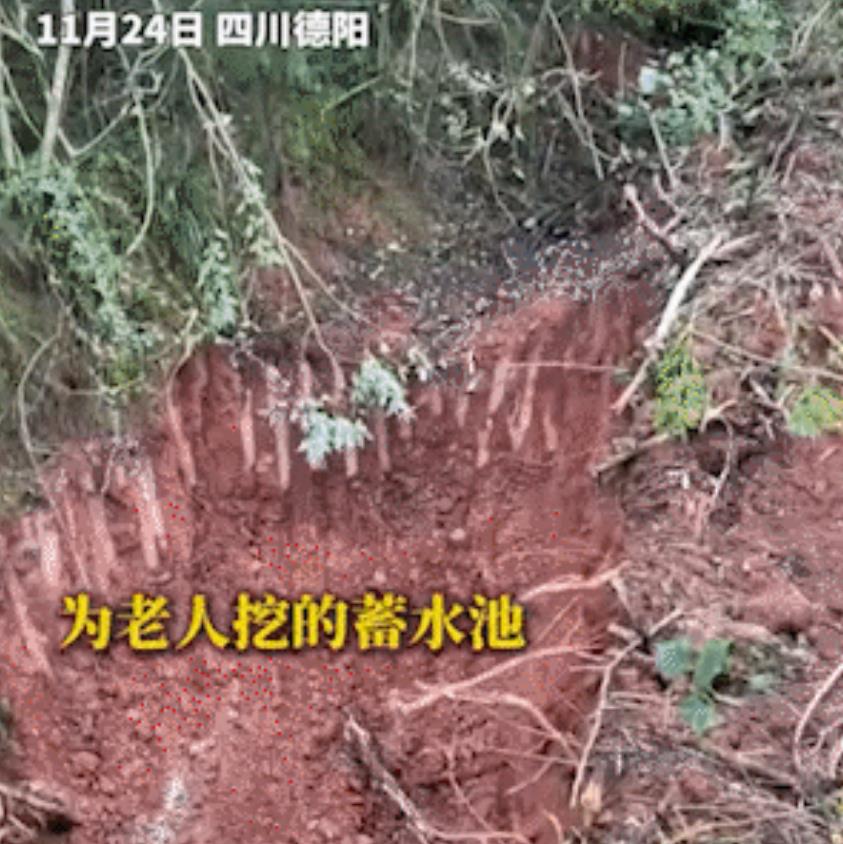 四川一男子开挖机去山里修路时，遇到两个开荒老人，得知周围没有水源，老人运水吃力，