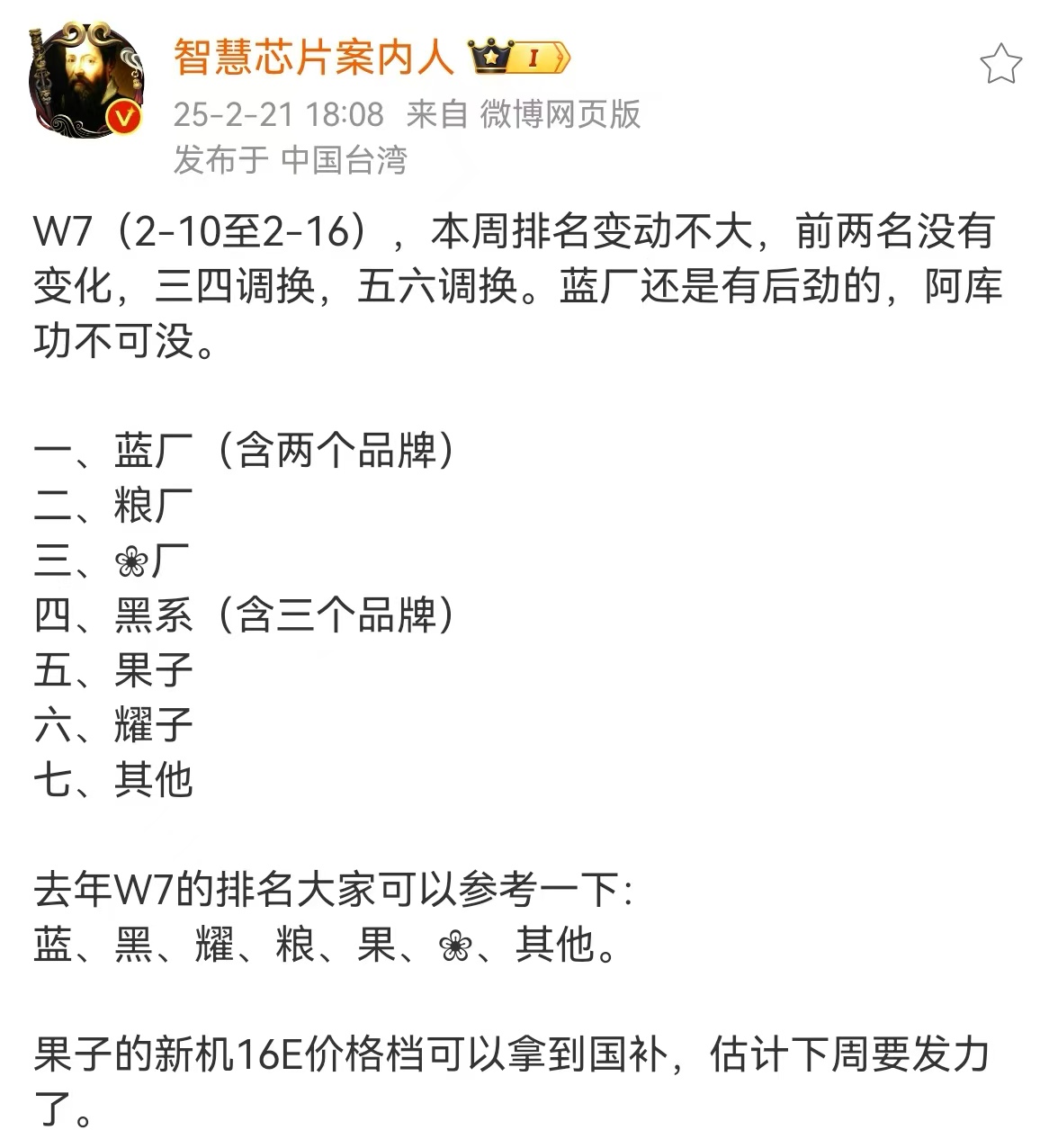【2025年第 7 周国内智能手机销量：vivo排名榜首，华为攀升至第三】