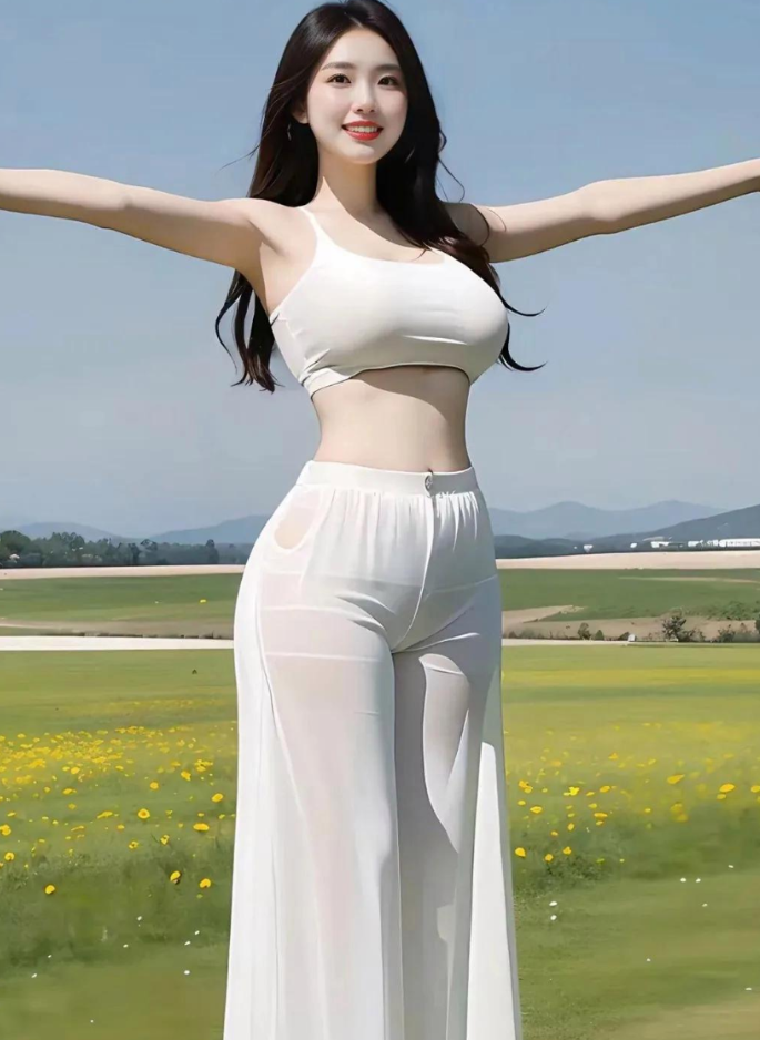 阳光下的清新女神，白色长裙飘逸，花海中展现完美身姿。