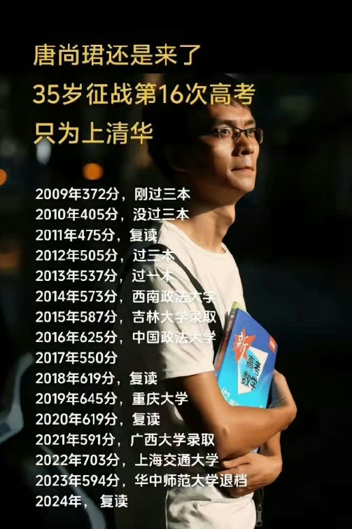 今年，35岁的唐尚珺，备战人生第16次高考，只为上清华。据说这次发挥不错，有60