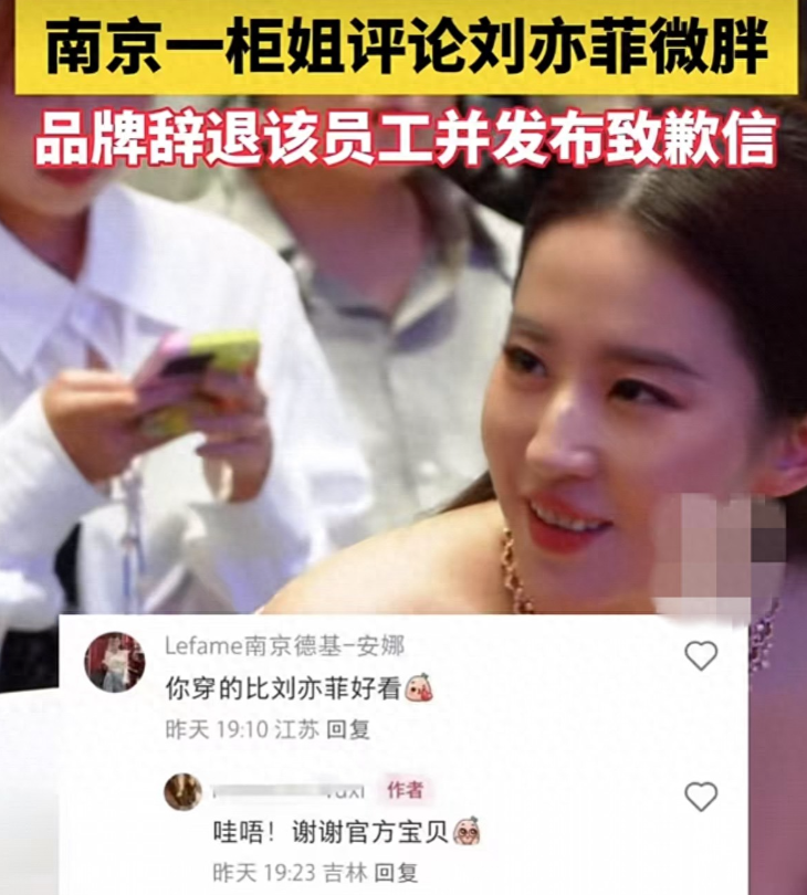 柜姐评论刘亦菲微胖被辞退！1月26日，南京德基商场某品牌柜姐在社交媒体上的一则不