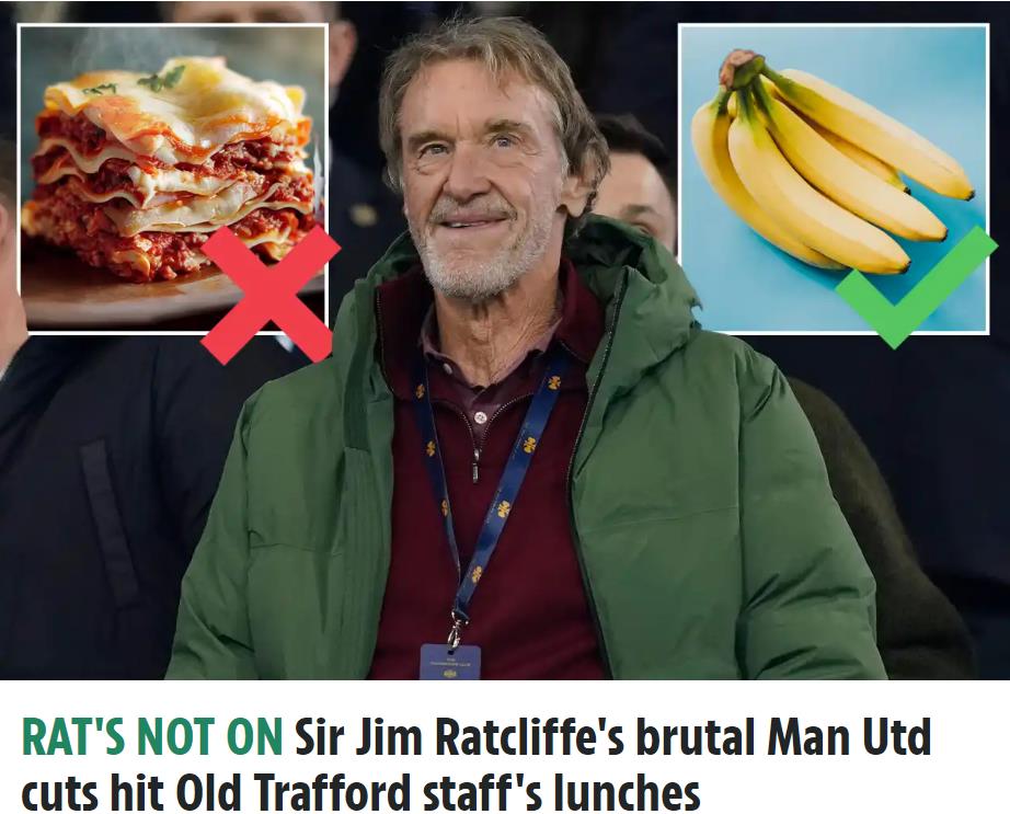 英国媒体太阳报援引卫报的报道称，曼联小老板拉特克利夫爵士将关闭老特拉福德的员工食