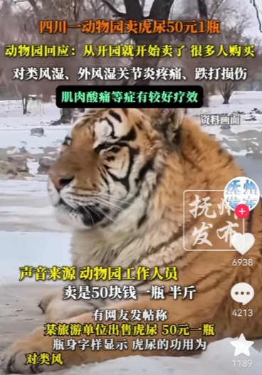 太惊讶了，四川一动物园卖虎尿，每瓶50元。动物园回应：从开园就开始卖，很多人购买