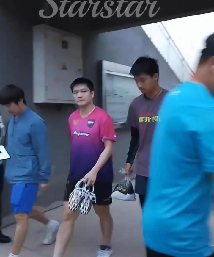 樊振东穿着粉紫色训练服，第一次见粉色！
这件衣服绝版了，很难见到了，训练服很惊艳