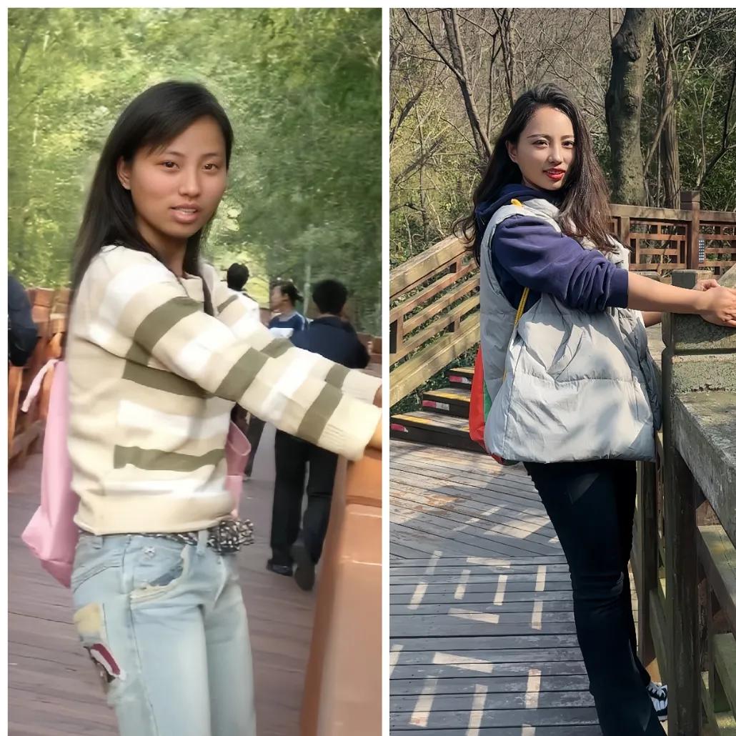 一名小女孩在户外游玩时，拍下两张相隔10年的留影。 

10年前，小女孩在一个竹