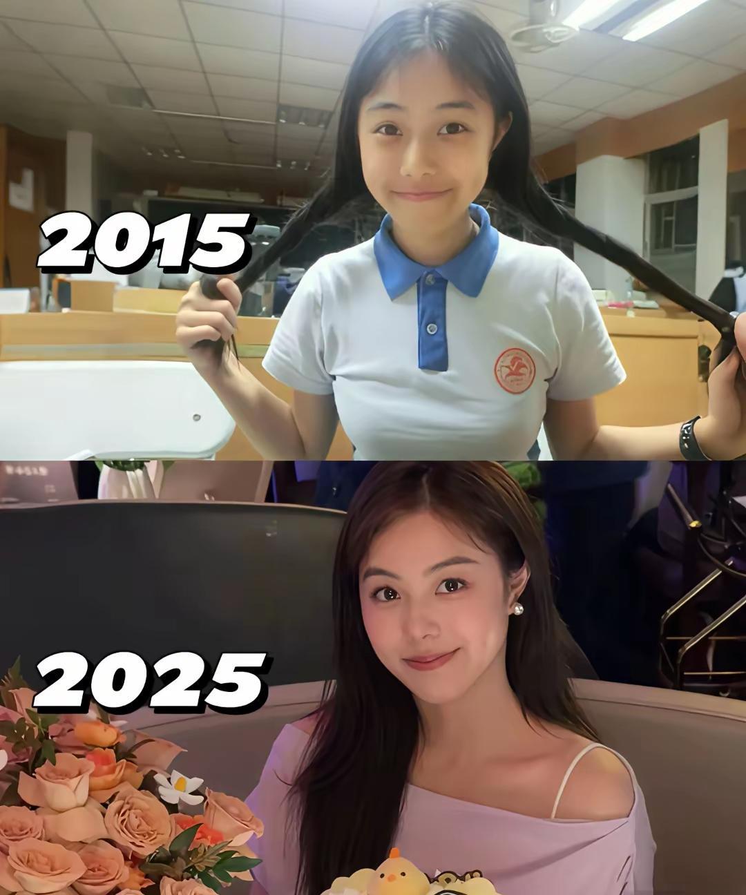 这是一位女生相隔10年的两张照片
2015年时，她还是一位高中生，扎着两根马尾辫