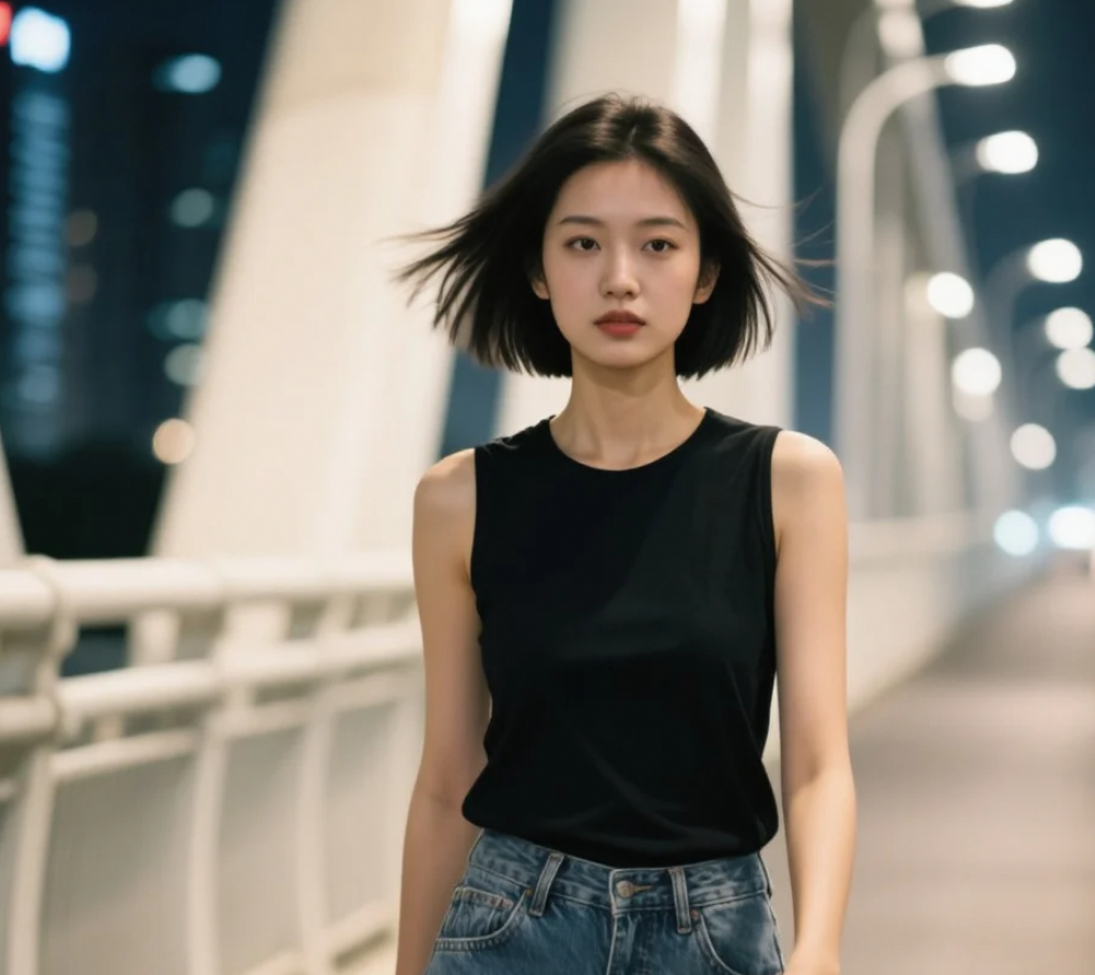 夜色中她短发的轮廓，勾勒出酷飒之姿