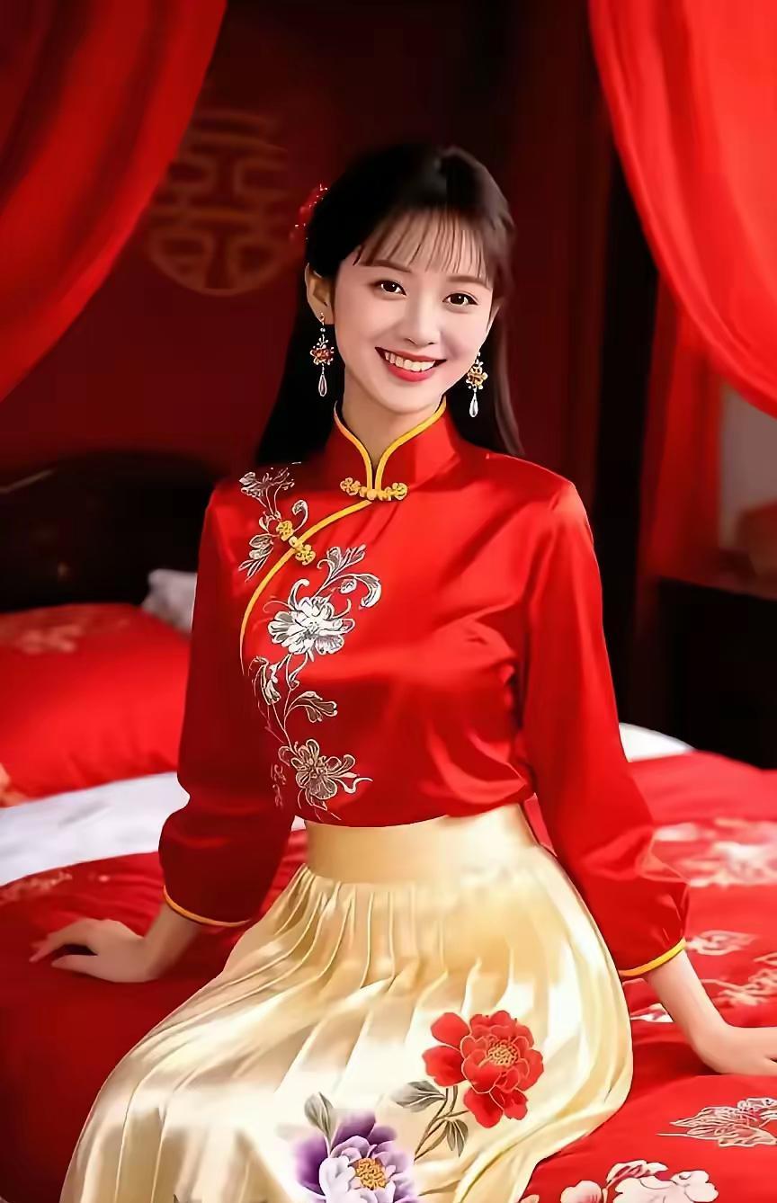 绝句·新娘
红裳金缕映春明，鬓畔钗光步底轻。
笑靥恰同梅蕊绽，新妆应共岁华荣 。