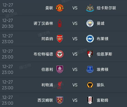 北京时间12月27日，明天的英超迎来第18轮的较量，有7场比赛，赛程如下：
第一