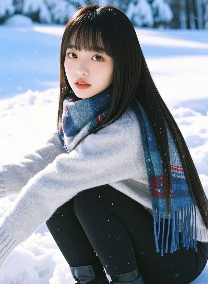 毛衣滑落肩头+围巾半遮，雪地也能拍出心动暴击