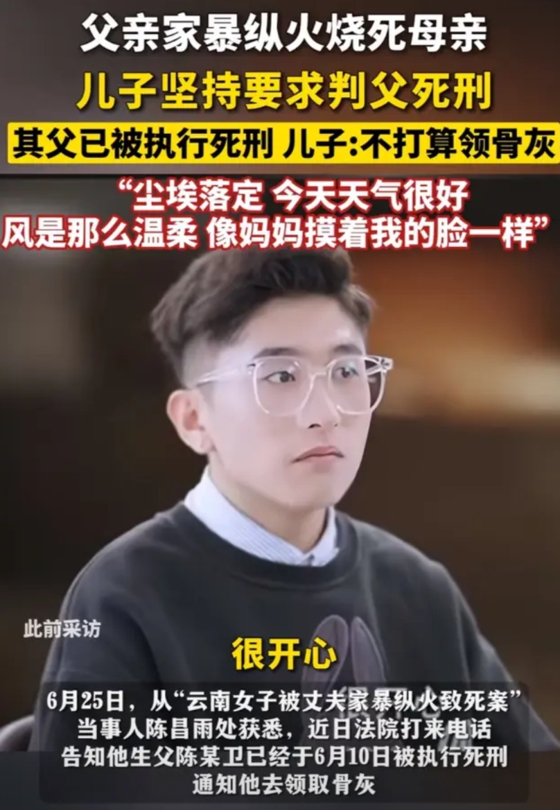 父亲被判死刑，儿子却说“很开心”，原来他妈妈是被父亲家暴纵火烧死

这个小伙叫陈
