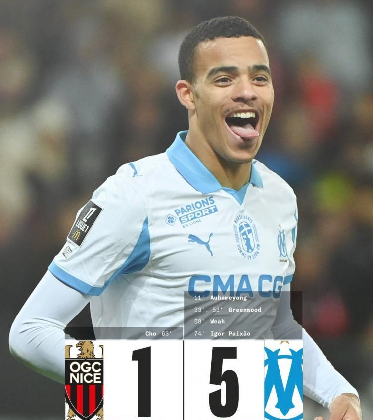 先赛登顶、追平记录
法甲联赛今日先赛一场，积分榜第二的马赛做客迎战尼斯，凭借格林