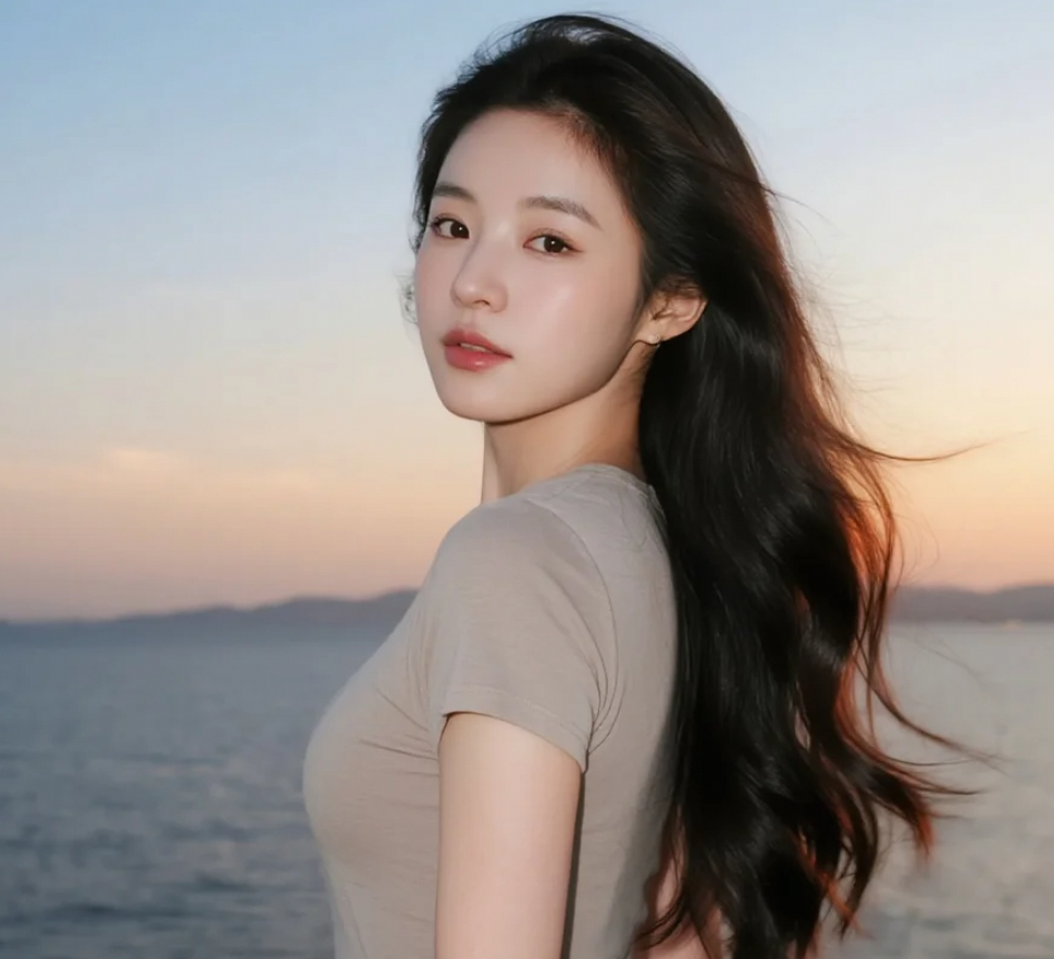 金色余晖下，她如梦似幻地出现在海岸线上