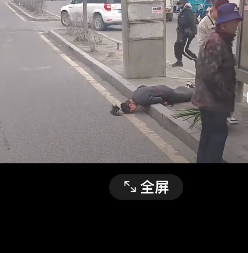难以置信的视频：
一个扎着发辫的女子，头着地，倒在马路牙子上，不能动弹。

