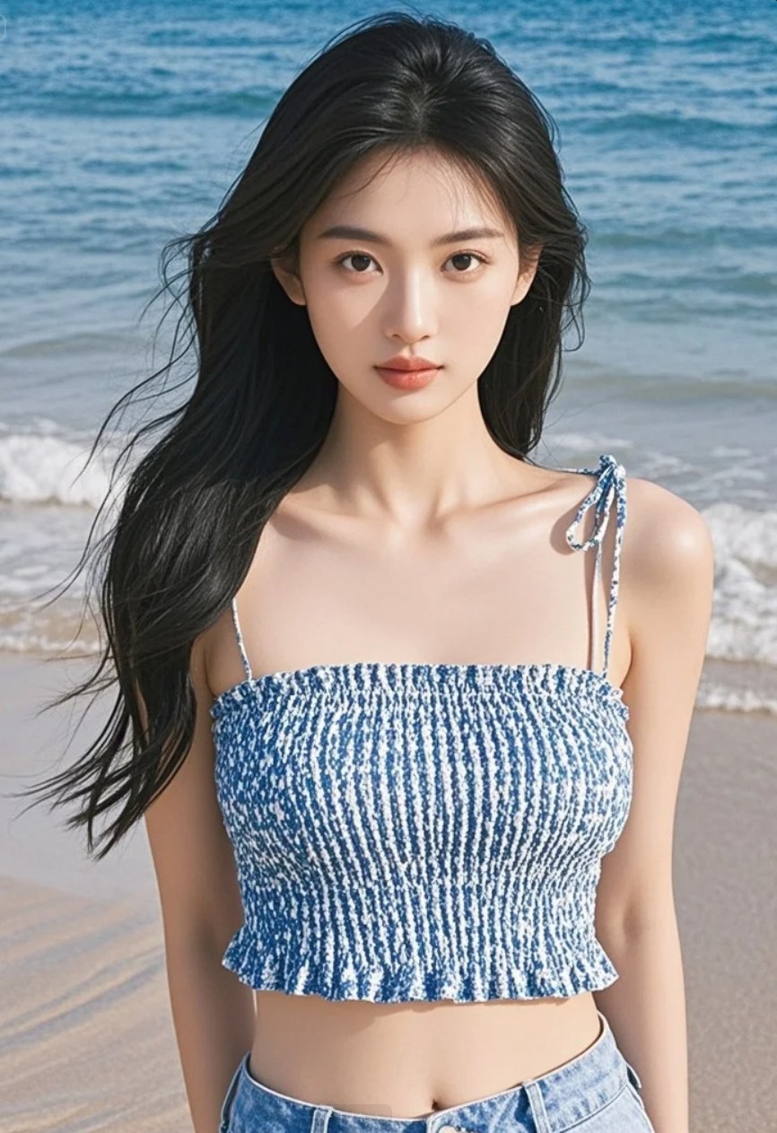 她站在海边，仿佛时间也为之静止