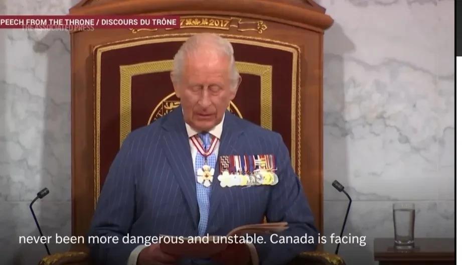 英国国王查理三世，在加拿大议会开幕式上发表讲话，对美国总统特朗普“吞并”威胁下的