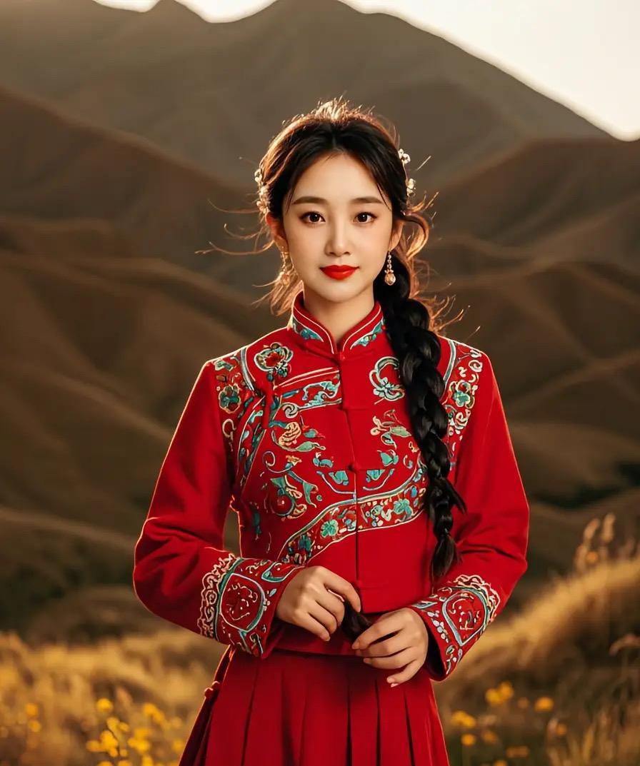 打油诗·辫影
红袍绣花亮堂堂，长辫晃呀晃当当。
野地小花瞅她笑，佳人扮酷心里慌。