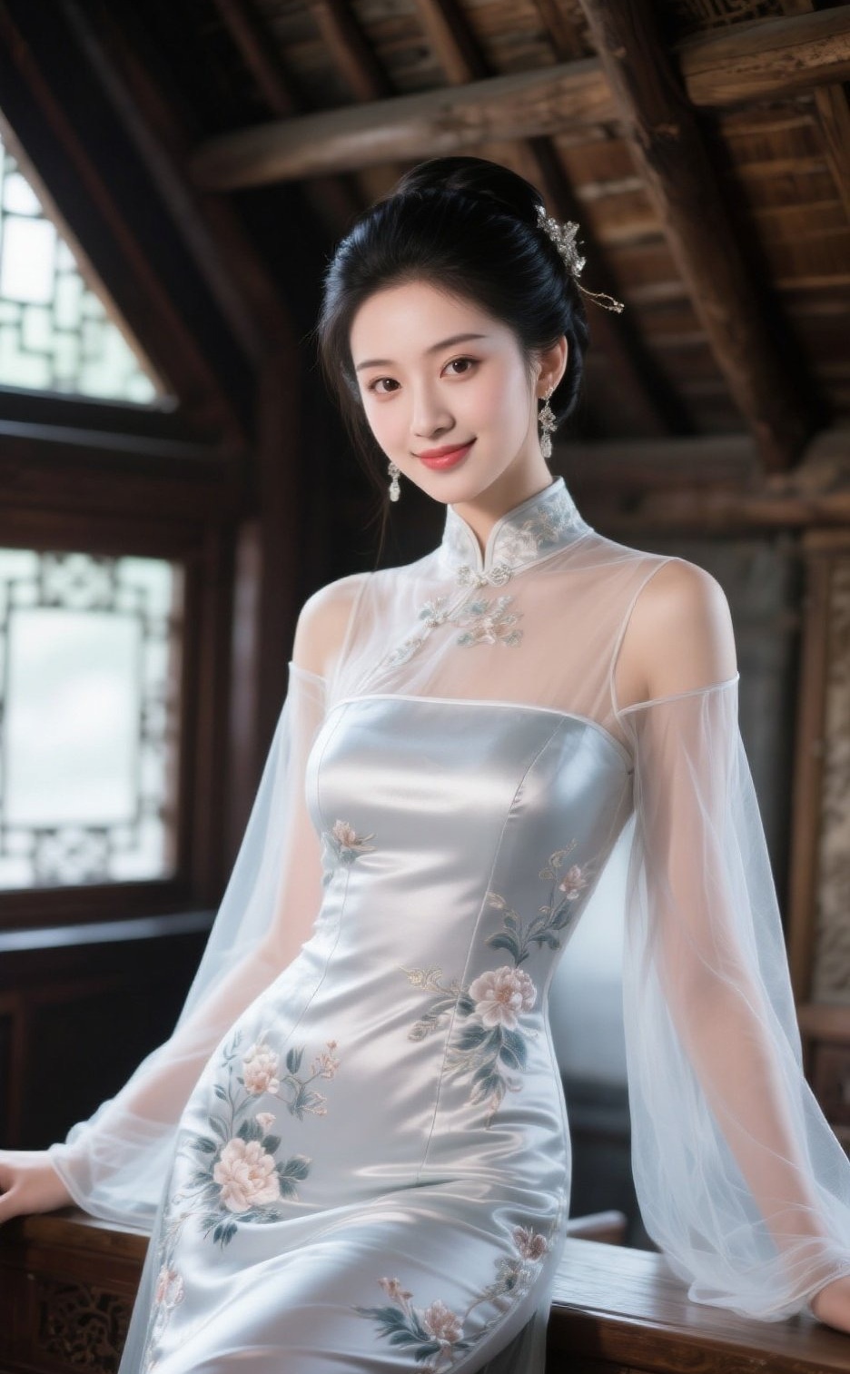 娇俏美人倚栏杆 旗袍摇曳映春光