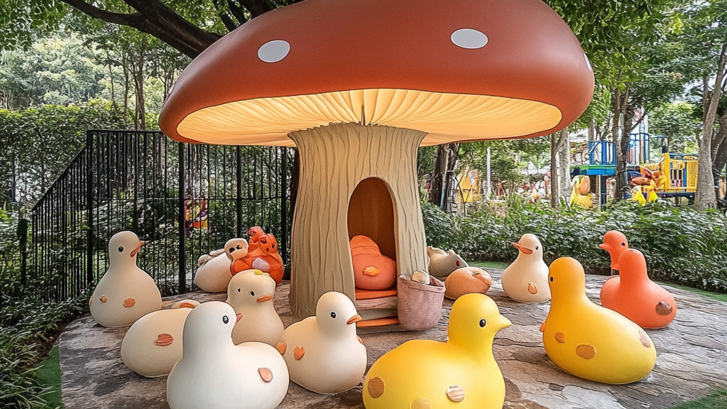 城市森林的童话入口，蘑菇休息亭奇遇记