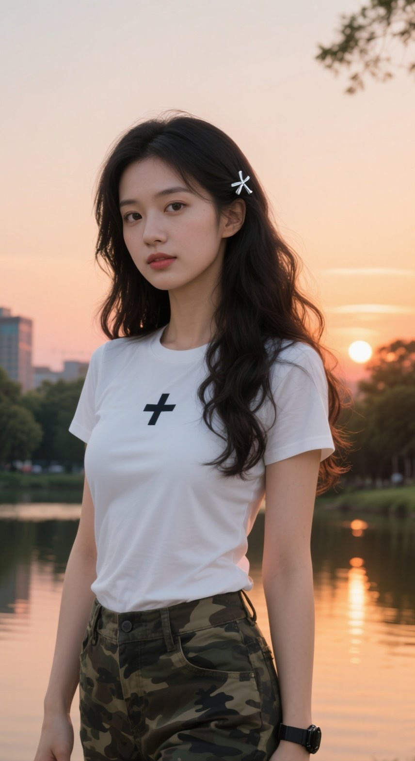 少妇湖边优雅而立，可盐可甜气质非凡