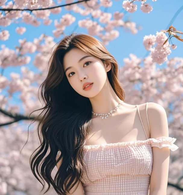 飘落的花瓣停在她肩头，像命运偷偷盖了章