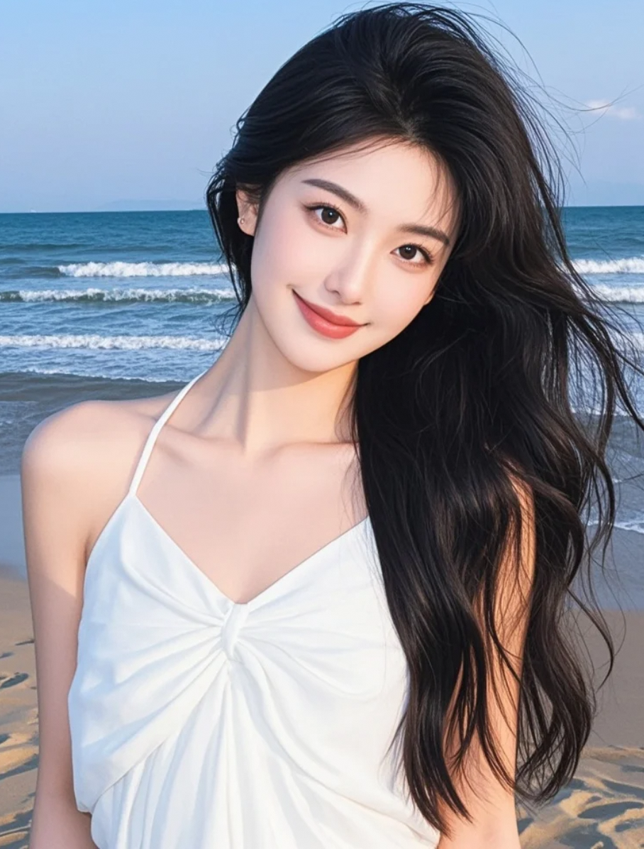沙滩上长发飘逸，阳光下的青春与温柔笑容交织成诗
