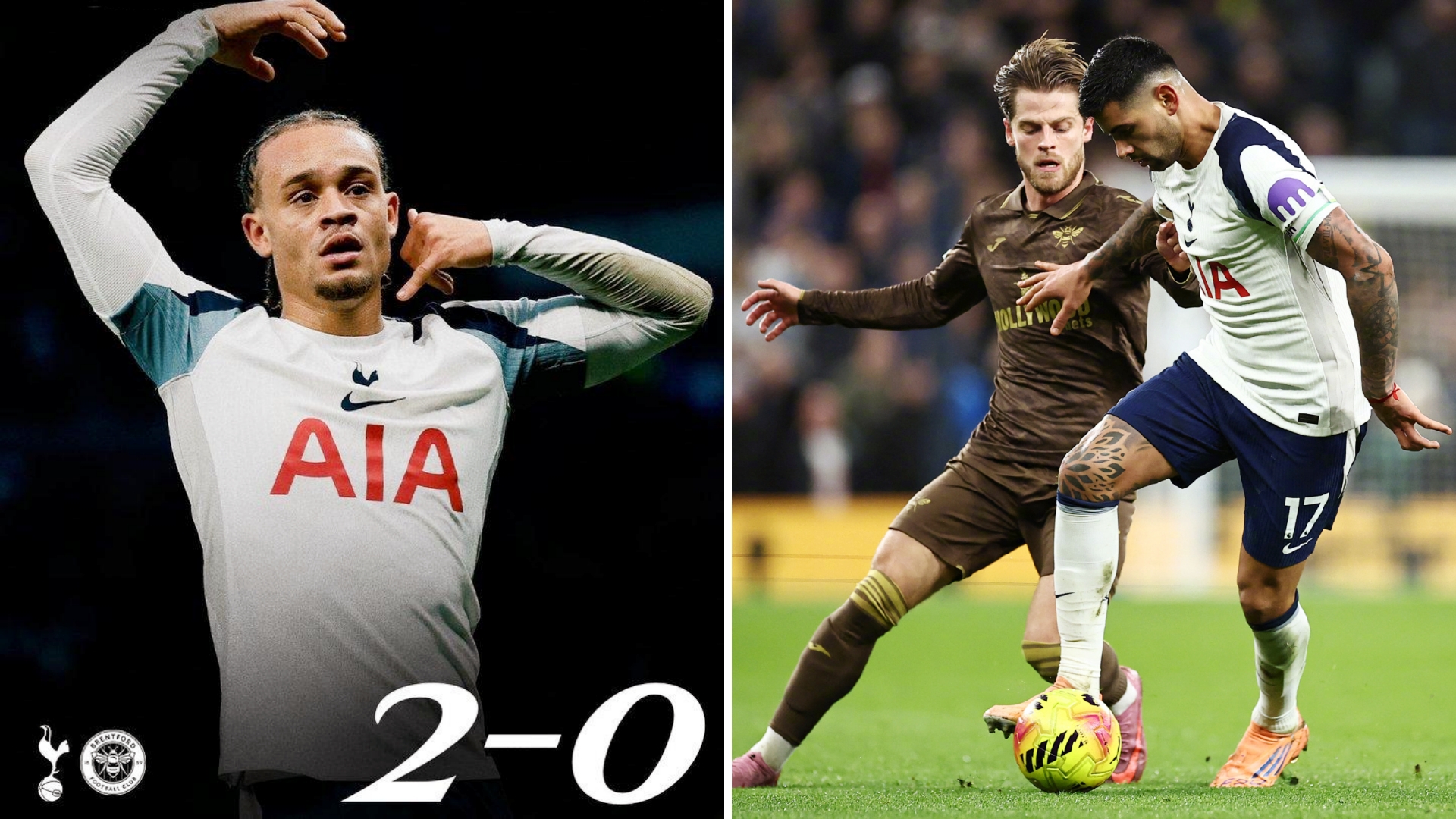 英超：热刺主场2-0击败布伦特福德，取得近6轮首胜。
里沙利松破门，西蒙斯打入热