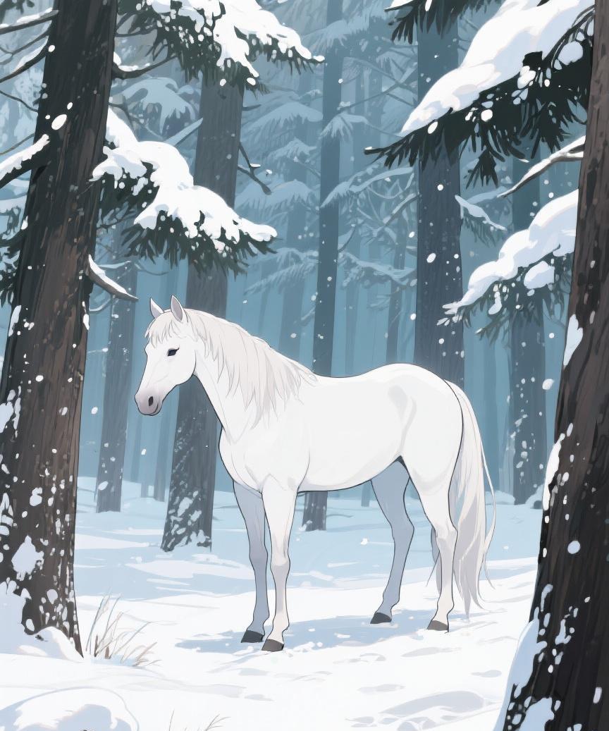 #AI妙生图#雪落林间，白马静立。时光于此刻静止，每一片雪花，都藏着岁月的诗