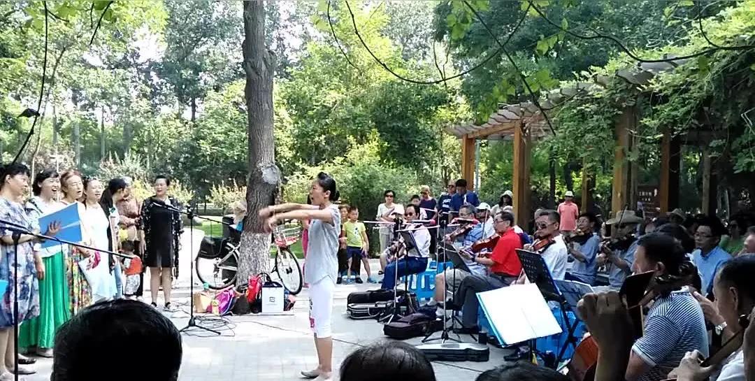 退休后的大爷大妈为了充实生活，约上音乐爱好者在公园里唱唱歌、拉拉琴、跳跳舞，消遣