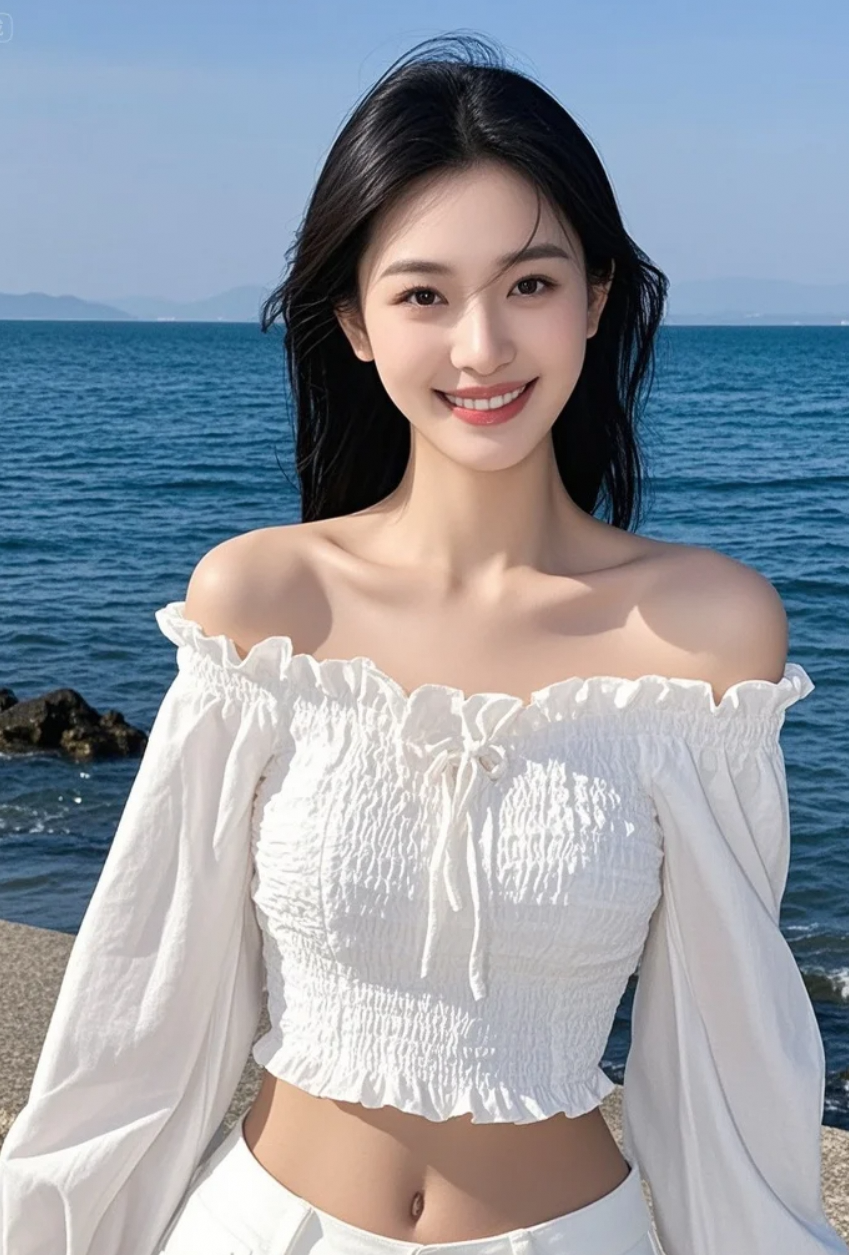 她站在海天之间，像一首未写完的诗