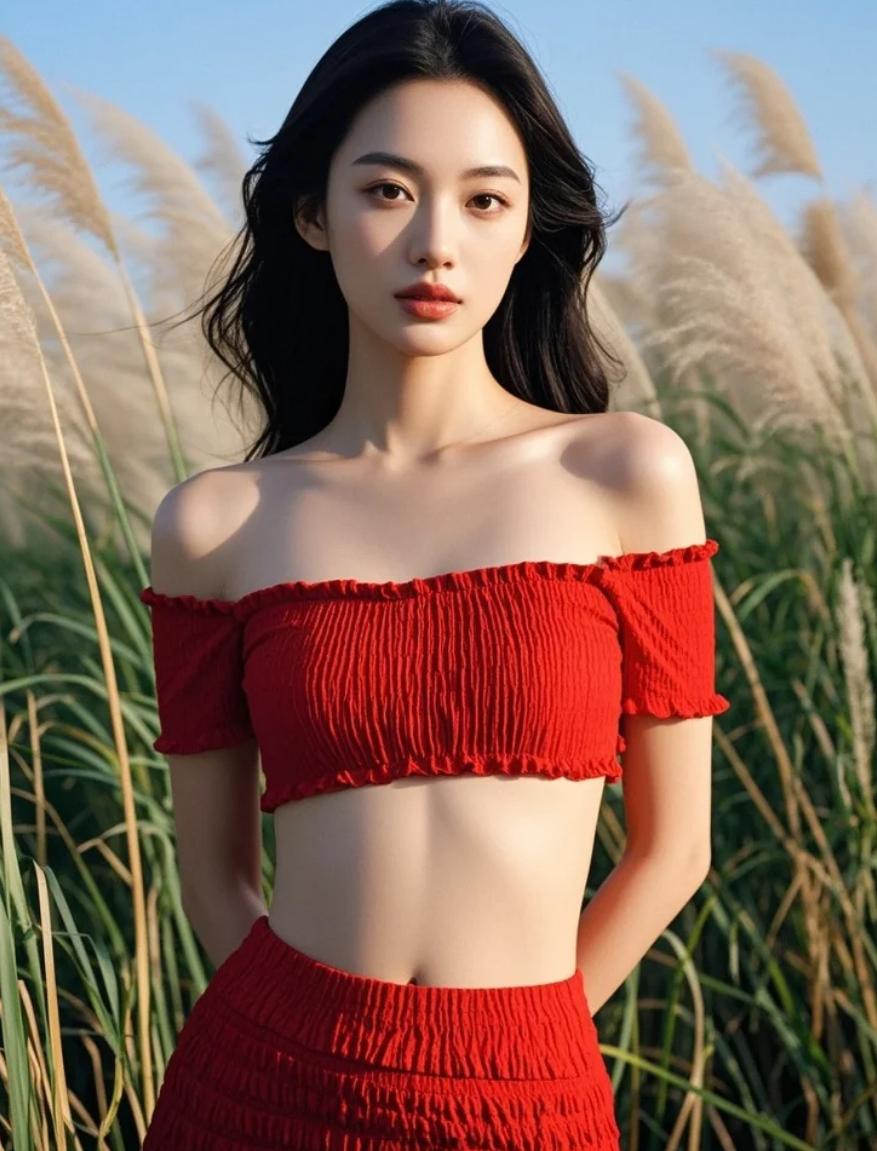 镜头拉远：她只是芦苇海中的一个小红点…但你的眼睛，会第一时间找到她吗？