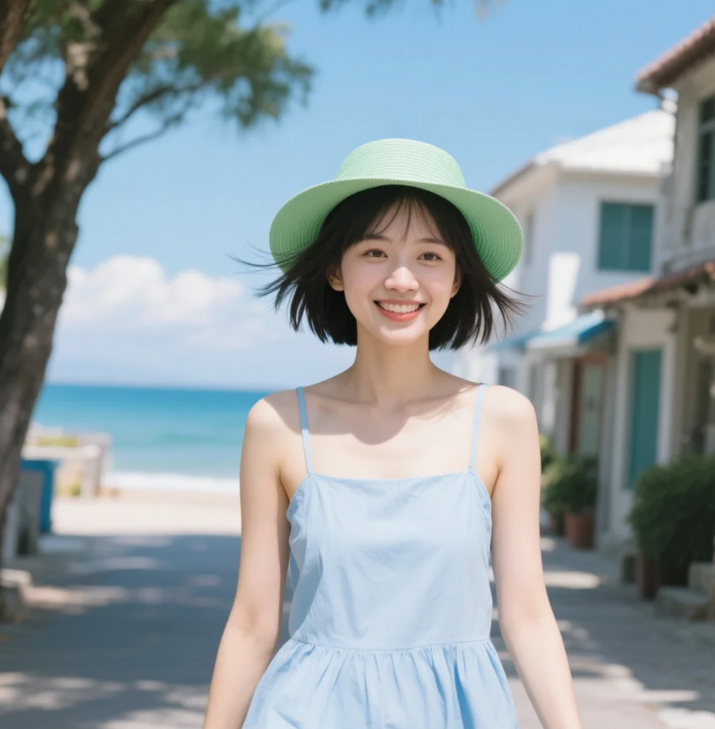 她走在石板路上，裙角扬起青春的回忆