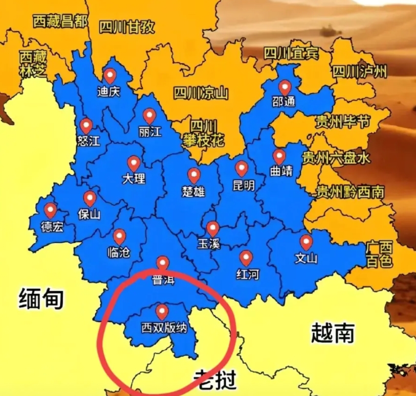 西双版纳的地理位置怪有意思，位于云南省最南部，居然与两个国家接壤，一脚插入缅甸，