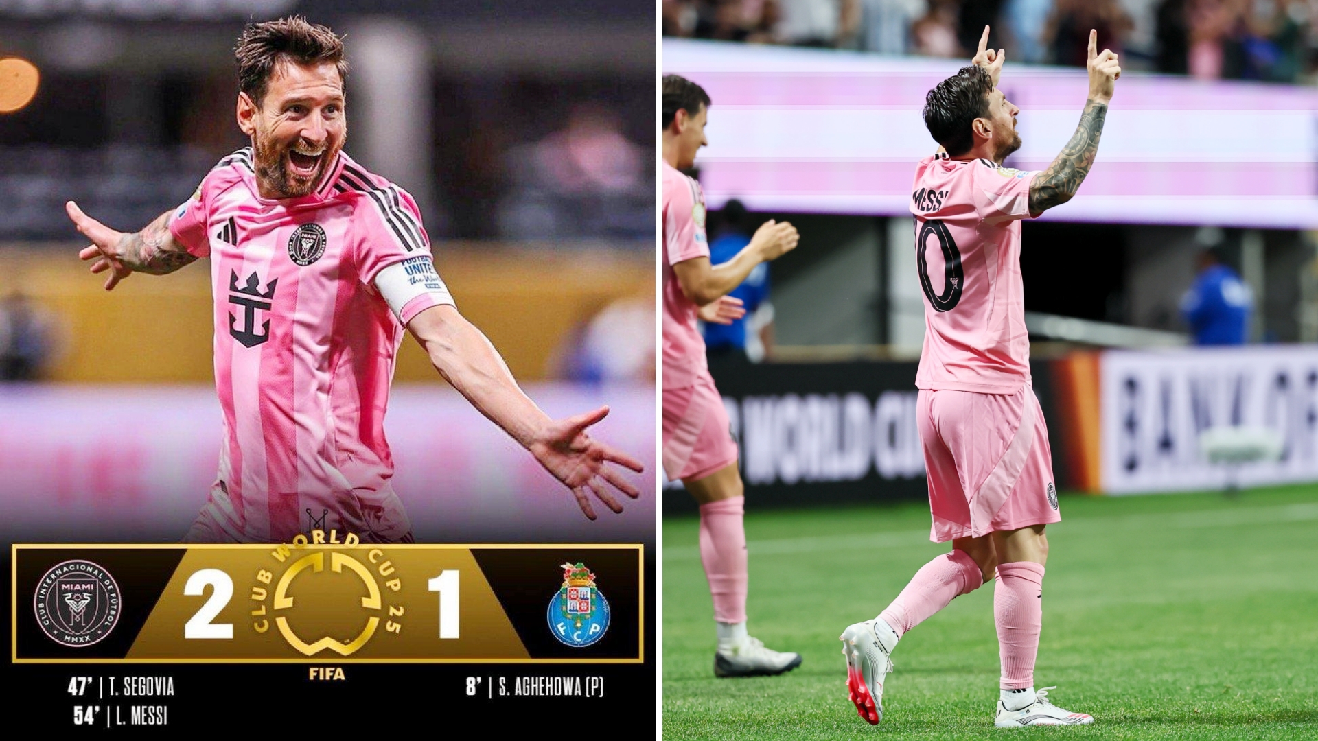 世俱杯：迈阿密国际2-1逆转波尔图，取得首胜以4分暂列第二。
阿格霍瓦点射首开纪