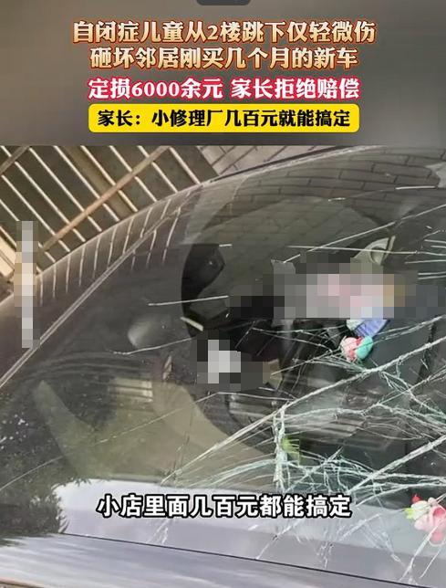 江西南昌，一自闭症孩子从二楼坠落，砸坏楼下停的车，孩子并无大碍，仅轻微伤。被砸的