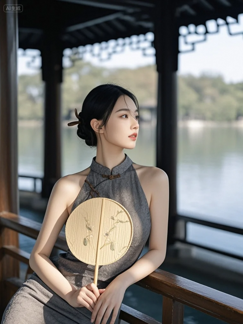她站在湖边，像在等风，也在等你