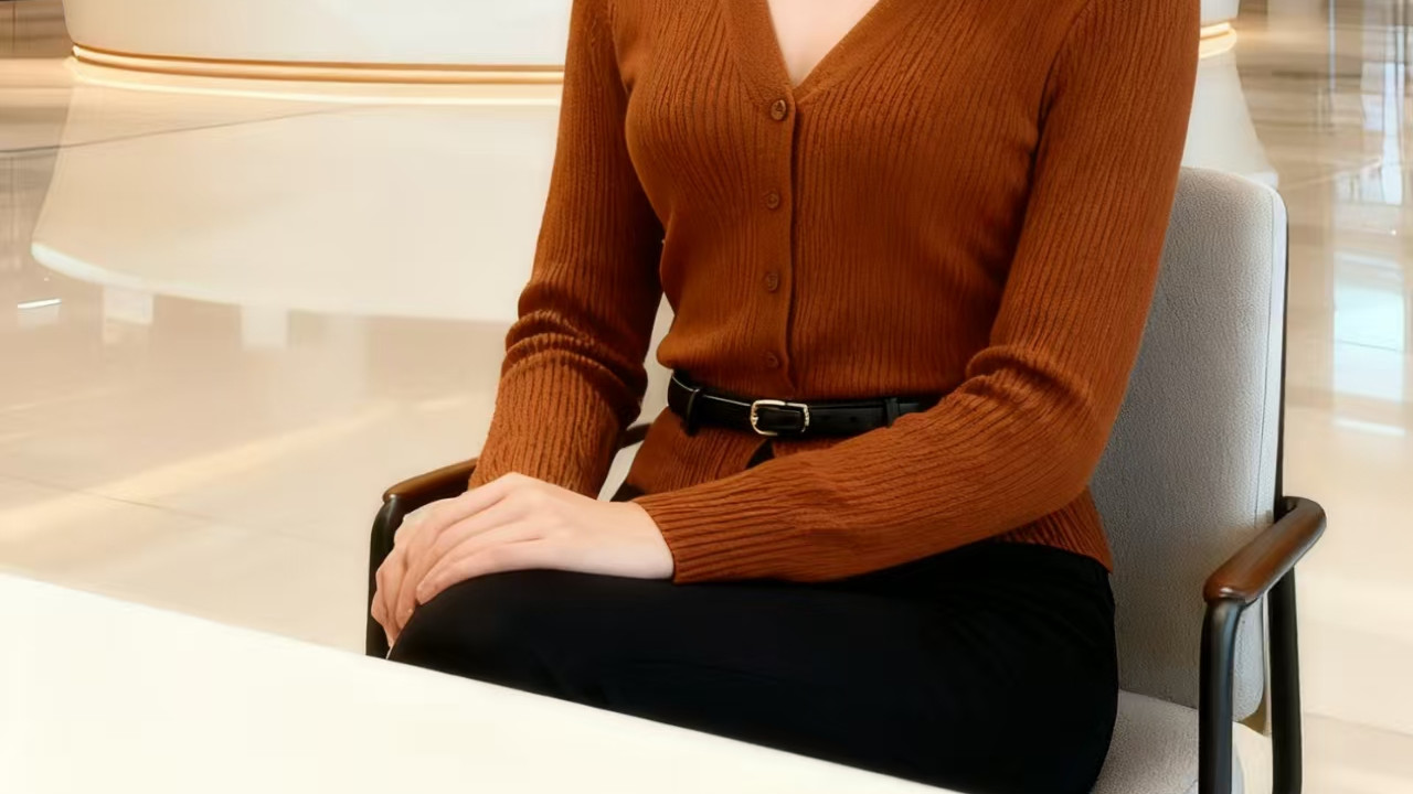 上班你会如何打扮？试试浅V棕色长袖卡扣上衣，百搭休闲裤。