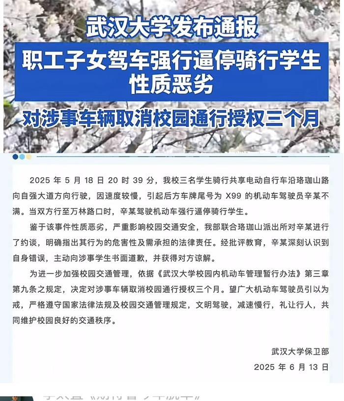 武汉大学某职工儿子辛某脾气就是大，驾驶汽车嫌3名学生骑自行车太慢，居然强行逼停3
