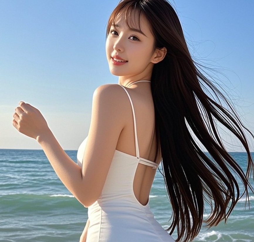 优雅少妇海边驻足，回眸一笑温柔似水