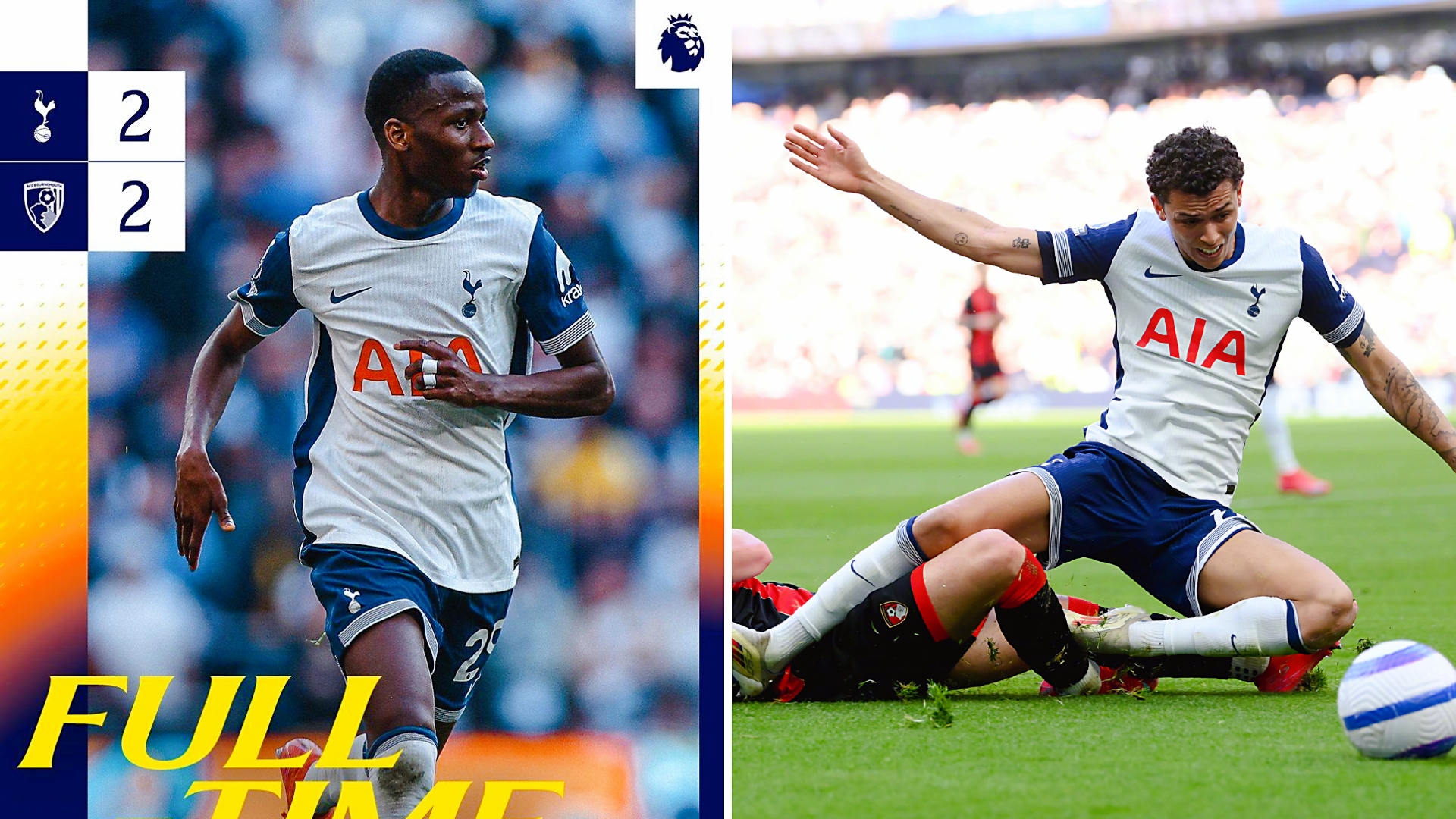 英超：热刺主场2-2战平伯恩茅斯，积34分排名第十三位。
伯恩茅斯先入两球，萨尔