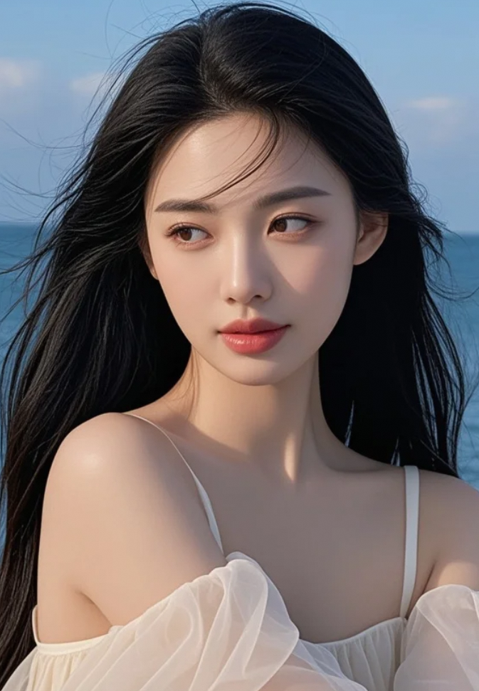 她穿着白裙子走向海，像极了夏天最温柔的模样。