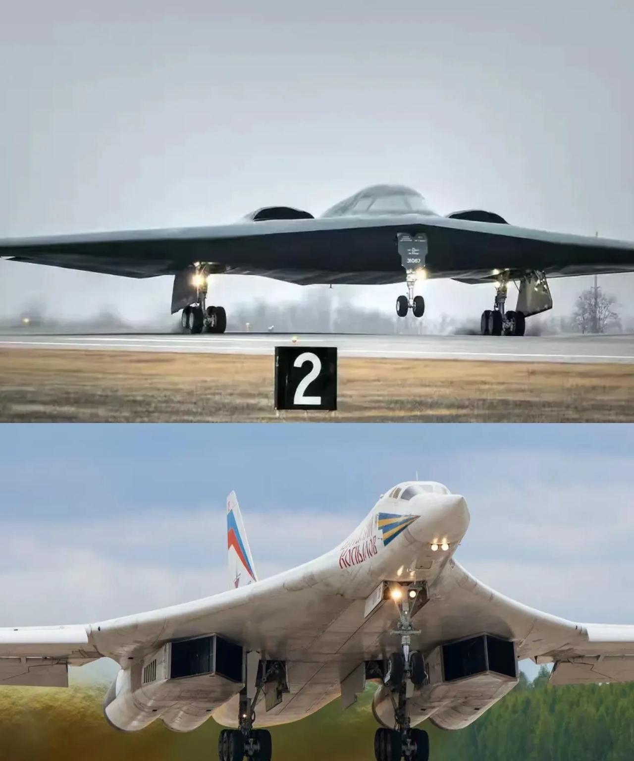 这是俄罗斯空天军的战略轰炸机图160和美国空军的战略轰炸机B-2的对比图。
B2
