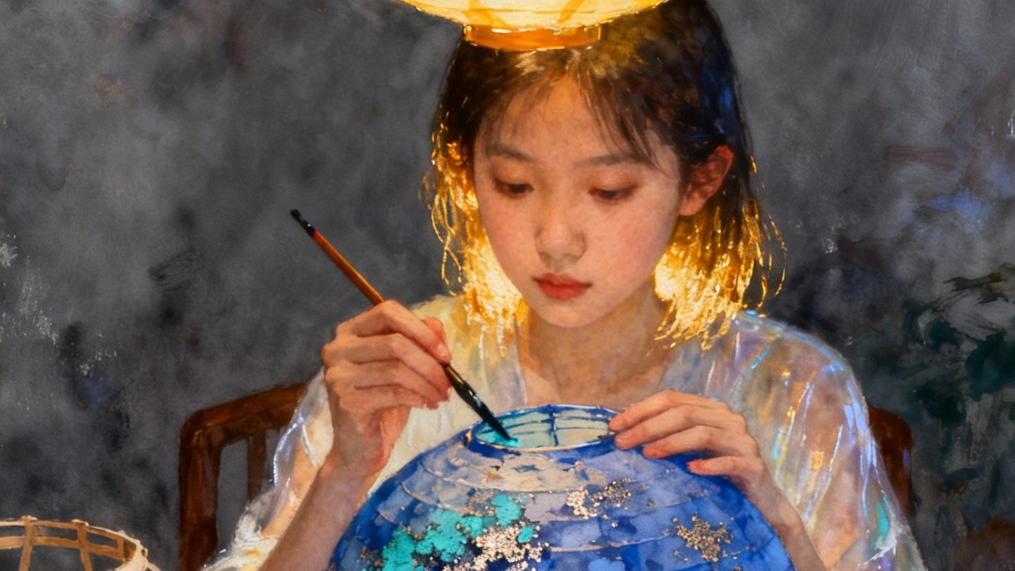 “鱼神巡游”从少女的衣袖游向画布边缘，仿佛下一秒就要跃入现实