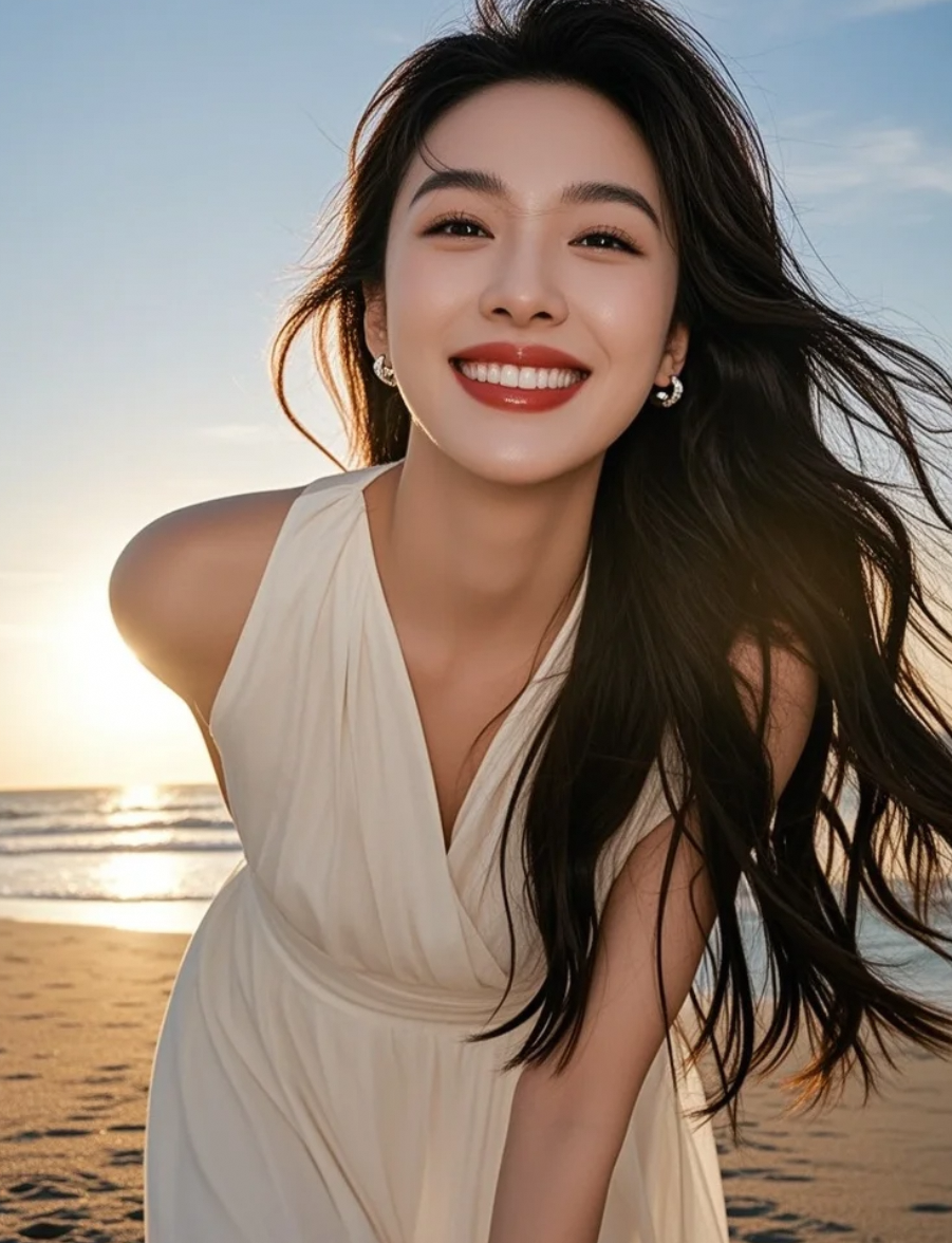 海风轻拂，裙角随之轻轻摇曳