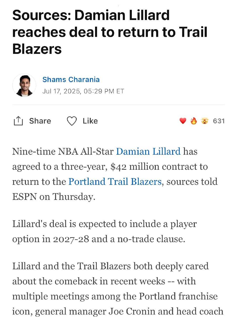 Shams: 利拉德在决定重返开拓者之前，收到了多支NBA争冠球队提供的中产特例